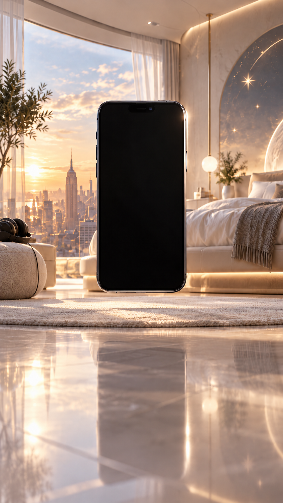 A phone floating in a sunlit bedroom overlooking the Manhattan skyline